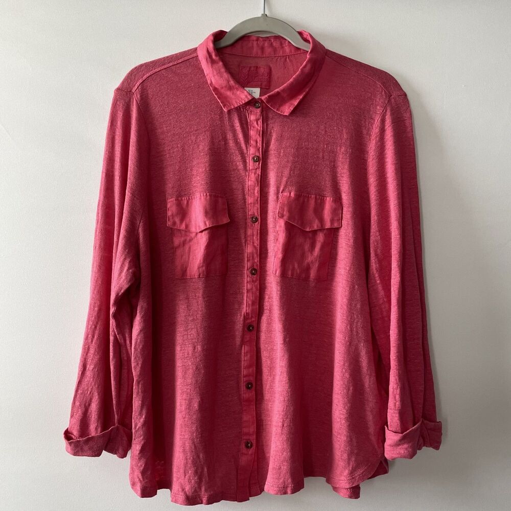 Sigrid Olsen Button Front Collared Linen Shirt Pink Long Sleeve Size XL-dmpv